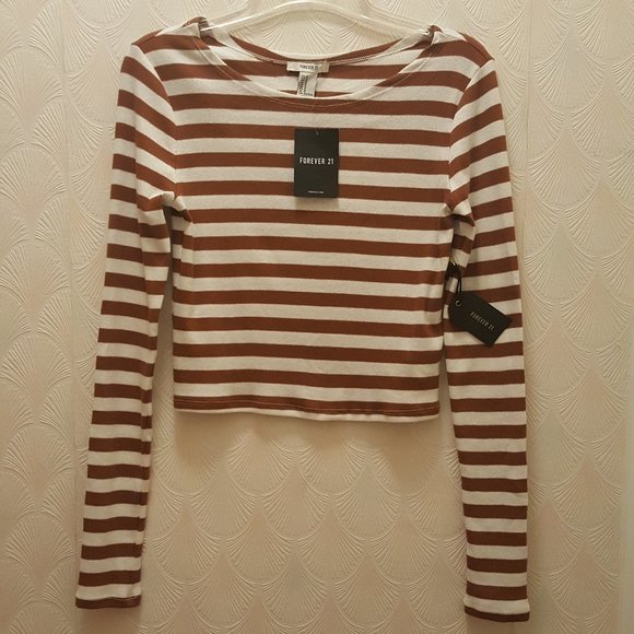 NWT Forever 21 long sleeve crop top M white brown - Picture 1 of 5
